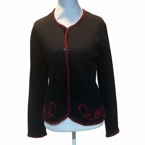 VTG Black And Red Embroidery Women’s Wool Cardigan Size M P-P 21” L 22.5”